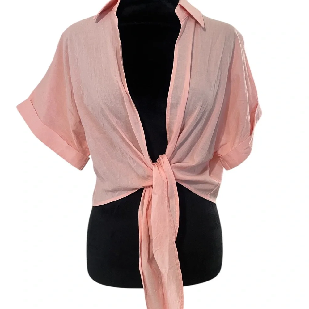 Summer Crop Top Short Sleeve Deep V Neck Sexy Front Tie Blouse,Peach,Large,New - Picture 9 of 9